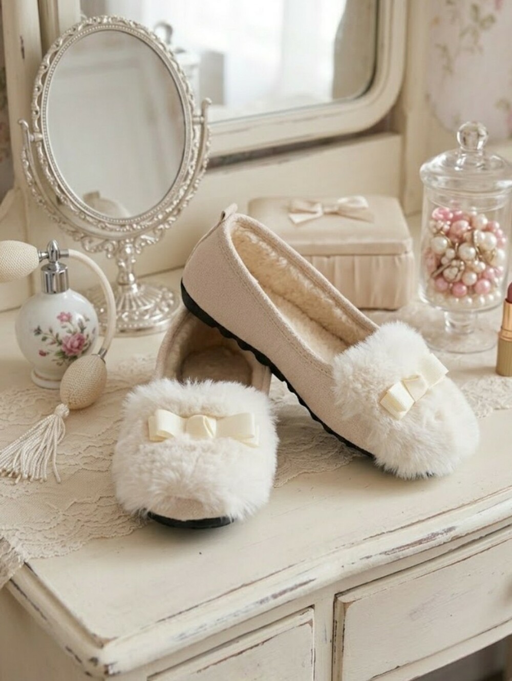 Vintage Ballet Flats Coquette Cozy Whimsical Faux-Fur Bow Leather SZ 7.5 (38)